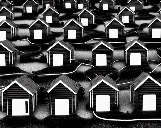 Image similar to black and white connected ecovillage houses - plant goddess high quality photo, microchip, artificial intelligence, bio - mechanical bio - luminescence, black wired cables, neurons, nerve cells, cinematic, rim light, photo - realistic, elegant, high detail, 8 k, masterpiece, high fashion, in the style of man ray