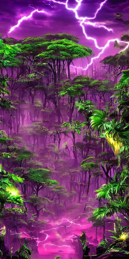Prompt: Magic jungle, digital graffiti landscape detailed sci-fi fantasy surreal dark green, black, purple, fuchsia, dark mood, creepy lightning, deep shadows HD, 4K, cgsociety