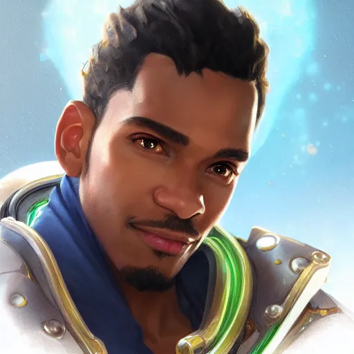 Image similar to closeup portrait of lucio from overwatch, d & d, fantasy, intricate, elegant, highly detailed, digital painting, artstation, concept art, matte, sharp focus, illustration, hearthstone, art by artgerm and greg rutkowski and alphonse mucha