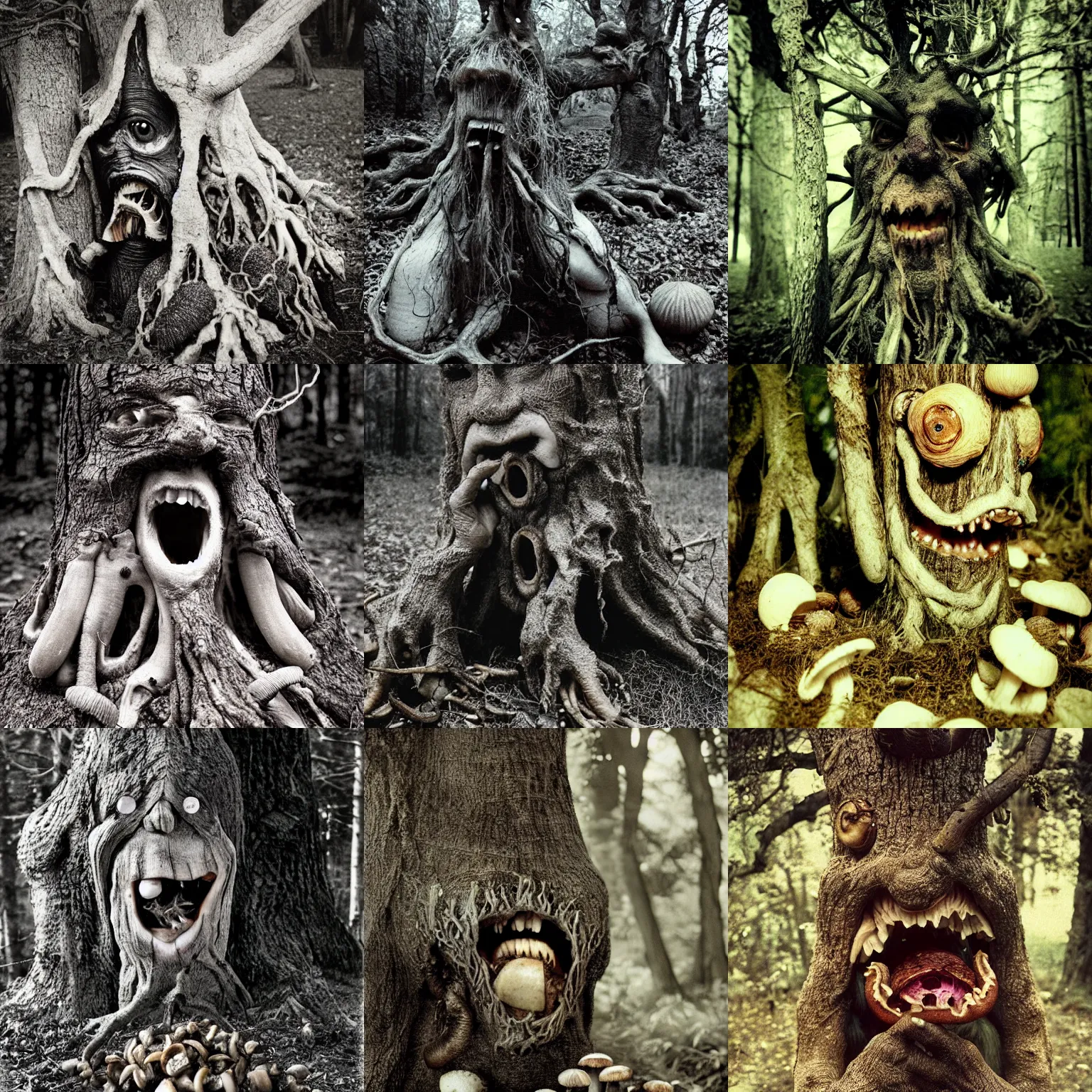 Prompt: creepy photograph of a hungry angry treebeard oak tree savagely stuffing mushrooms into his gaping maw, dark fantasy horror, tortured face made of wood, oak tree ent, liminal, shot on expired kodak film