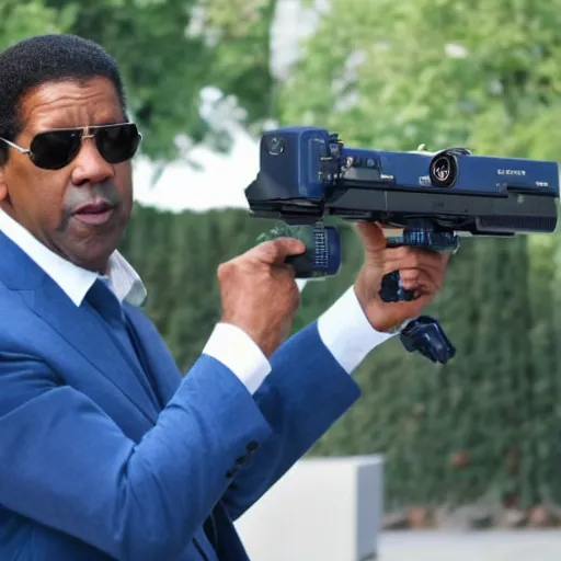 Prompt: Denzel Washington stands with blue physics gun, the blue color shines from the physics gun, sony ultra camera, hd dslr 8k+