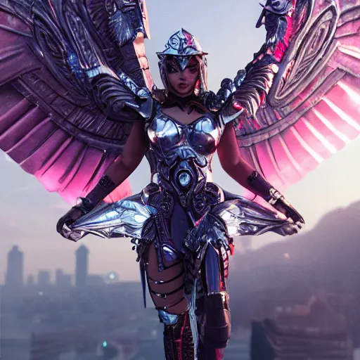 Prompt: woman valkyrie with pink metal wings, celtic and cyberpunk armor, cityscape, flying, high detail, sharp focus, silver cyber armor, rt by artgerm and greg rutkowski, digital painting, smooth render, unreal engine 5,