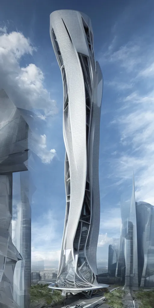 Image similar to epic futuristic tower, highly detailed, realistic, by zaha hadid