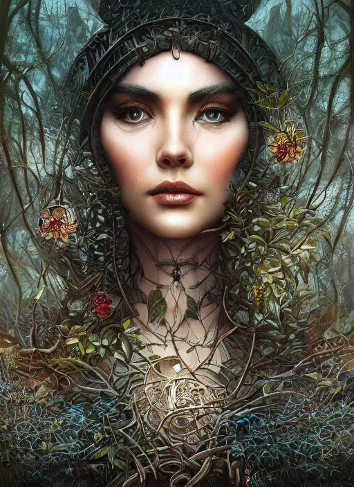 Prompt: natural city in the trees, intricate jewelry, trending on artstation 4 k, high quality, in the style of karol bak and tom bagshaw, tattoos