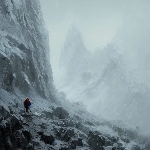 Image similar to a hiker with a cape on walking thru blizzardy mountains, Matte painting , detailed painting, greg rutkowski