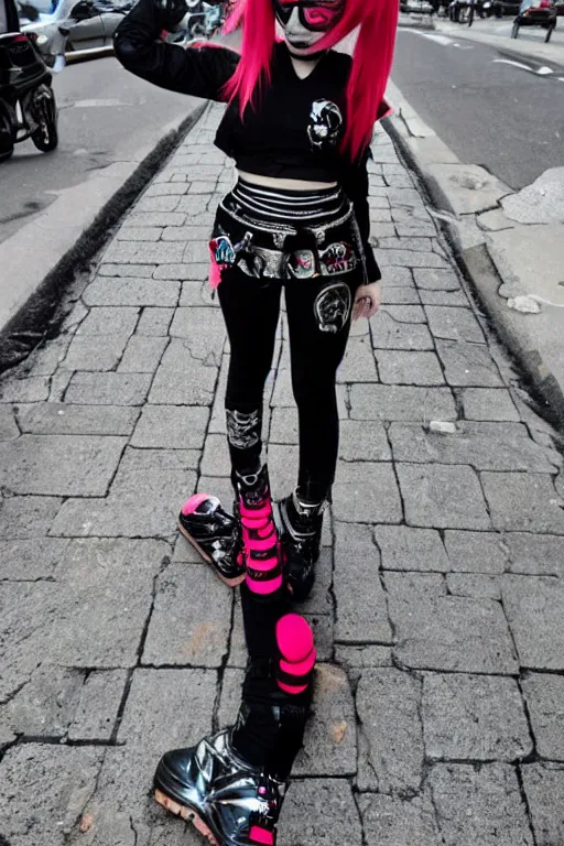 Image similar to cute black-and-red haired goth glitchcore girl, cute goth hatsune miku look and clothes, chrome hearts, hyper-maximalist, highly-detailed and intricate, trending on r/streetwear, outfit photo, we see them from head to toe