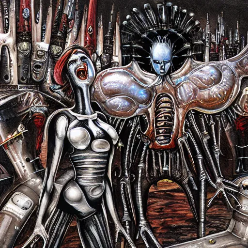 Image similar to ronald mcdonald versus queen alien by h. r. giger highly detailed, cinematic, panoramic