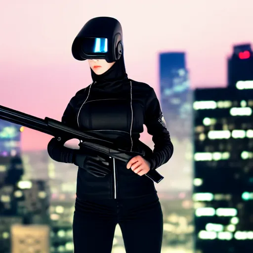 Image similar to photographic portrait of a techwear woman holding a shotgun, closeup, on the rooftop of a futuristic city at night, sigma 85mm f/1.4, 4k, depth of field, high resolution, 4k, 8k, hd, full color