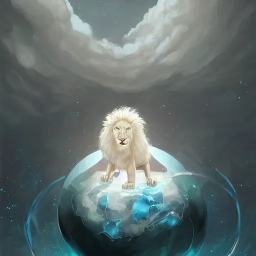 Image similar to aesthetic portrait commission of a albino male furry anthro lion floating inside a floating soap bubble in a blue cloudy sky with clouds orbiting the bubble like a planet, minimalistic art, hyperdetailed. Character design by charlie bowater, ross tran, artgerm, and makoto shinkai, detailed, inked, western comic book art, 2021 award winning painting
