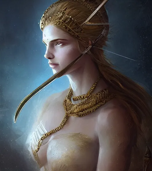 Prompt: aphrodite goddess wearing an arrow on her head, digital illustration, in the style of greg rutkowski, fantasy, amazing detail, epic, intricate, elegant, smooth, sharp focus