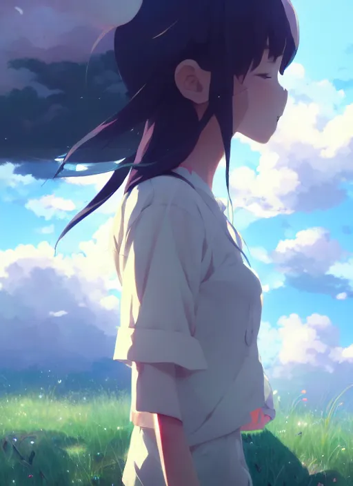 Prompt: portrait of cartoon girl, cloudy sky background lush landscape illustration concept art anime key visual trending pixiv fanbox by wlop and greg rutkowski and makoto shinkai and studio ghibli