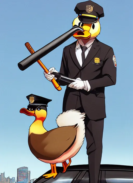 Image similar to commissioned full body portrait of a male anthro duck fursona with a duck head wearing a nice black suit and a fedora holding a baseball bat sitting on the hood of a police patrol car in a baseball stadium, by a professional manga illustrator, Stanley Artgerm Lau, WLOP, Rossdraws, James Jean, Andrei Riabovitchev, Marc Simonetti, and Sakimichan, trending on artstation