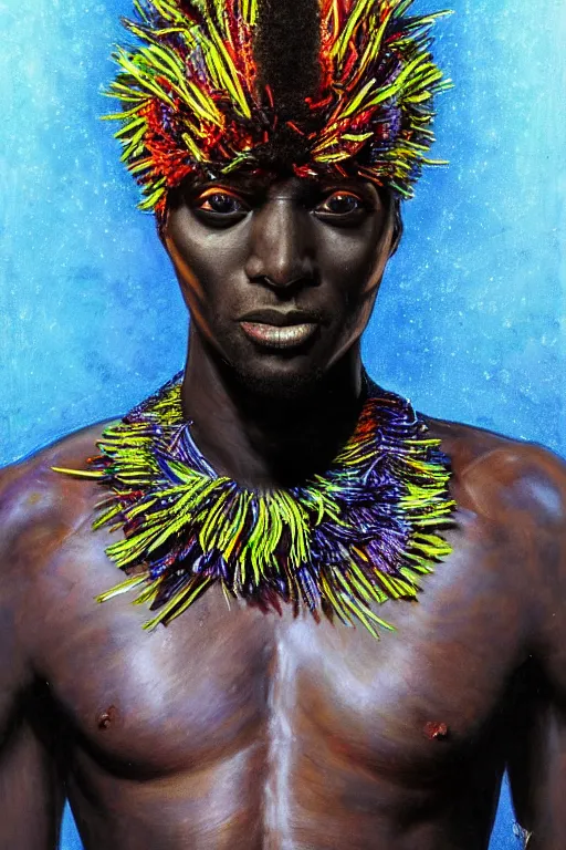 Prompt: detailed full body concept illustration of an African male with body augmentations, strong neon lighting, Afrofuturism, extravagant feathered collar, by Greg Staples, hyper realistic, HD, oil on canvas