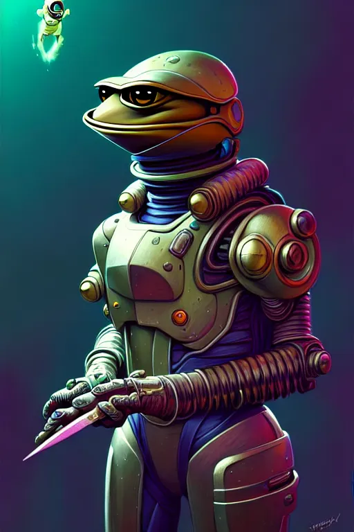 Image similar to Portrait of pepe with a spoon wearing futuristic power armor, fantasy, intricate, highly detailed, digital painting, trending on artstation, sharp focus, illustration, style of Stanley Artgerm and Greg Rutkowski and Dan Mumford