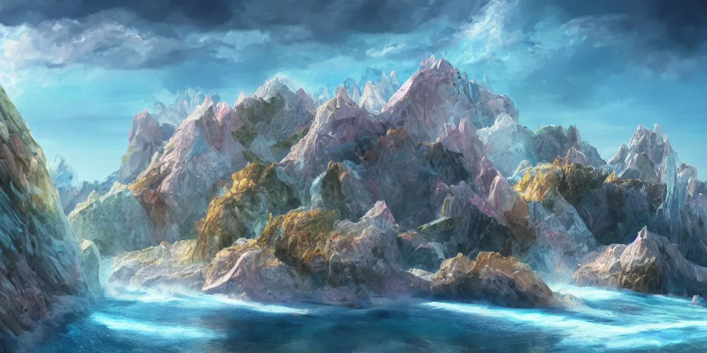 Image similar to a desolate salt covered island surrounded by colourful rugged crystal quartz mountains, illustration, bright sunlight, sun glints, sunrays, digital art, hyperrealistic, oil painting, fantasy, 8 k, trending on artstation, detailed