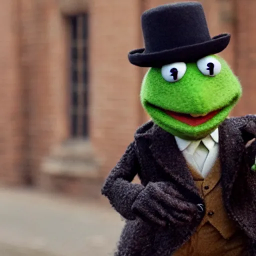 Image similar to Muppet Kermit the Frog in Peaky Blinders very detail 4K quality super realistic