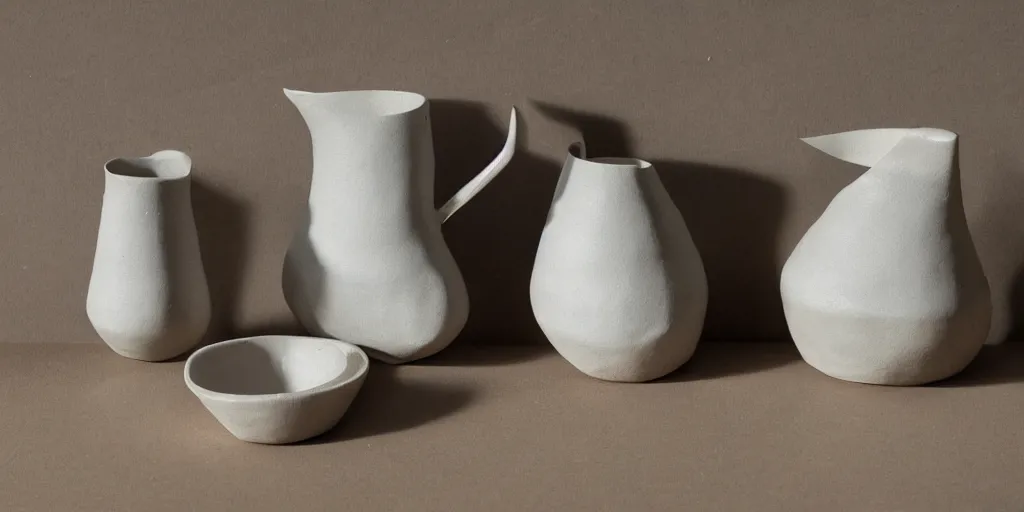 Prompt: ceramic jug being built, wet clay, glaze, slip, in the style of ben nicholson drawing, ben nicholson still life