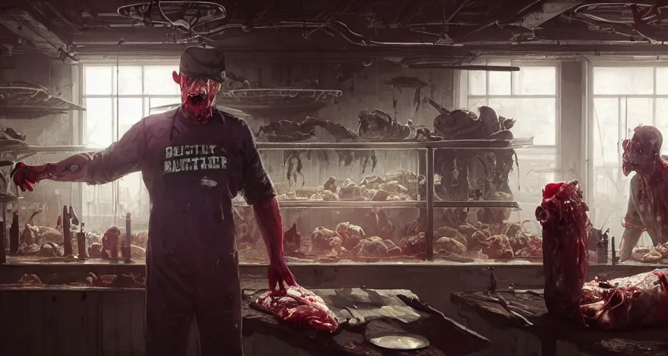 Image similar to highly detailed portrait butcher zombie in gta v, old butchery interior, stephen bliss, unreal engine, fantasy art by greg rutkowski, loish, rhads, ferdinand knab, makoto shinkai and lois van baarle, ilya kuvshinov, rossdraws, tom bagshaw, global illumination, radiant light, detailed and intricate environment