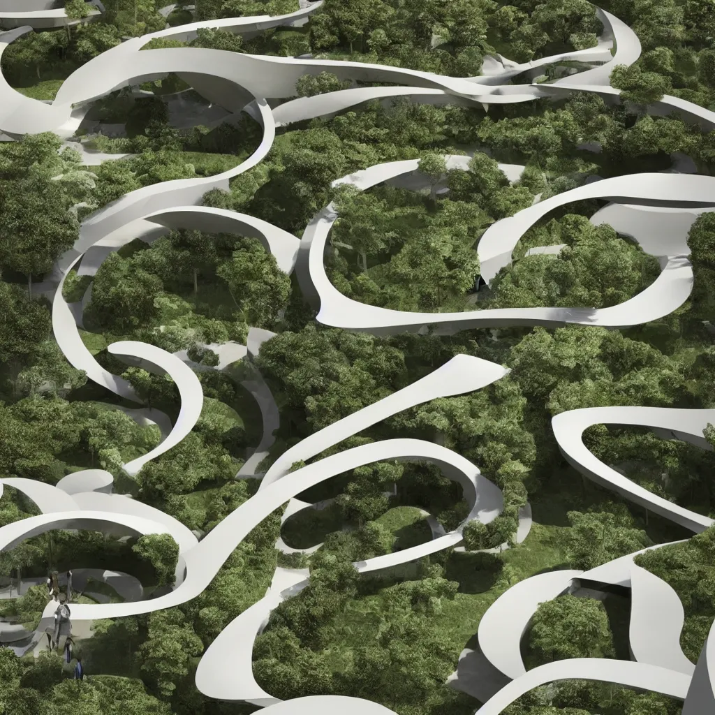 Image similar to “ an incredibly smooth curvilinear architectural spatial immersive sculpture, unfolding continuous golden surfaces enclose a visually complex garden designed by zaha hadid, architecture render ”