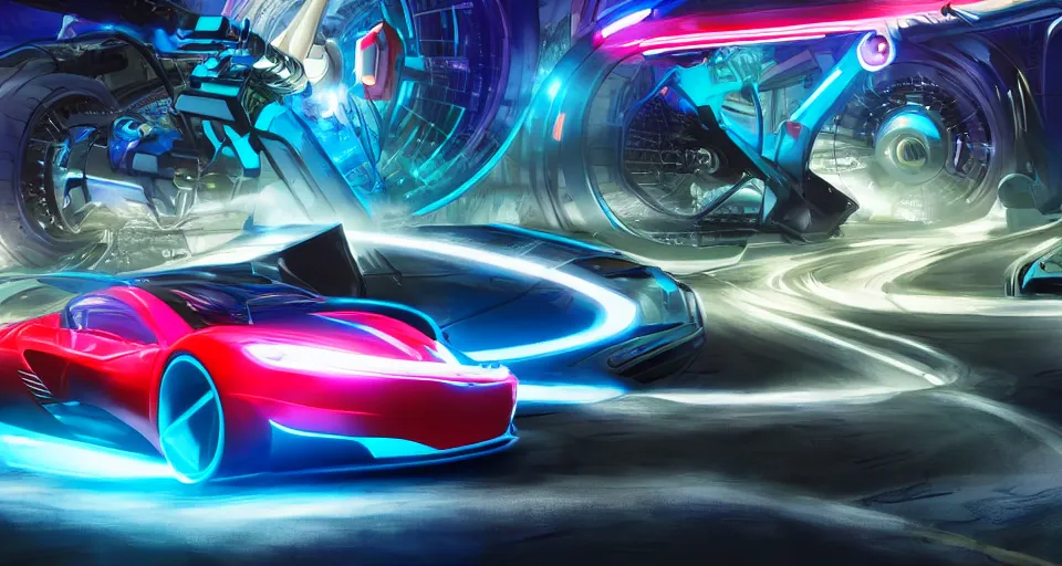 Image similar to dream tron tesla light cycle race, hot wheels, wipe out, hyper realistic, concept art, smooth, high contrast, volumetric lighting, octane, raytrace, syd mead, artgerm, jim lee,