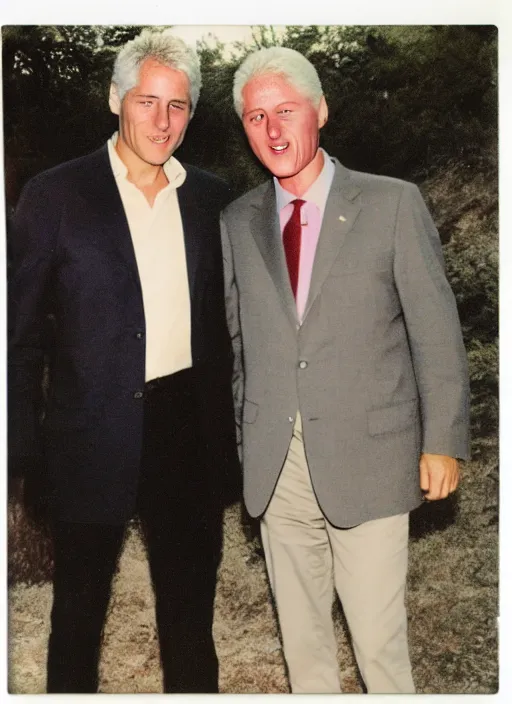 Prompt: polaroid of jeffrey epstein and bill clinton on an island