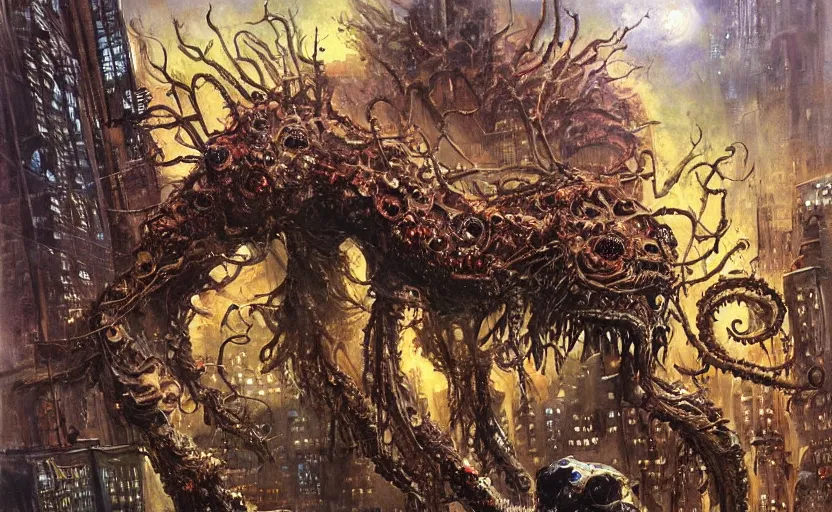 Image similar to an oil painting of biopunk aether monster that consumes new york city in style of lovecraftian horror by simon bisley