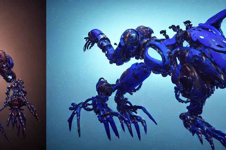 Image similar to portrait of a posed hyper detailed kaki and ultramarine leaplasher evangelion realistic mechanical and fleshy organic creature similar look as horizon forbidden west horizon zero dawn bioluminiscence in a dark deep forest at dawn in spring, with reflection and textures, by kilian eng, substance painter reaslitic mech surface metal painted scratches