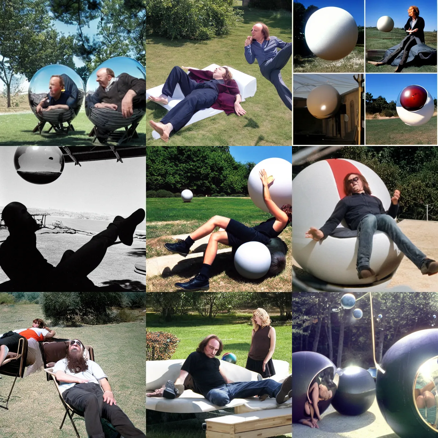 Prompt: phantasm behind the scenes images with flying spheres relaxing in the sun