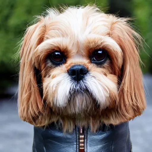 Prompt: photo of a golden shih tzu wearing leather jacket