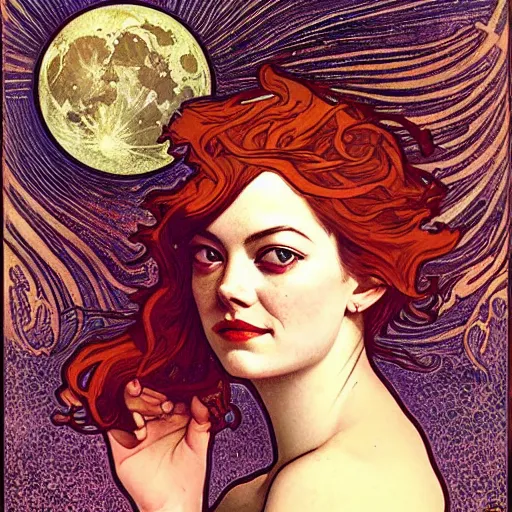 Image similar to emma stone portrait by louis - theophile hingre and alphonse mucha, hyperrealistic, sharp focus, zodiac signs, tarot cards, planets, ethereal, art nouveau, magic, moon, sun, crown, dreamy