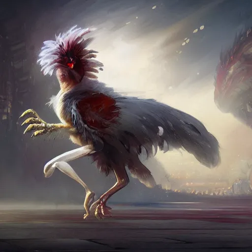 Image similar to digital painting of an elegant dancing but deadly chicogriff, griffin chicogriff hybrid monster, by Greg Rutkowski, magic the gathering concept art, trending on artstation, 4k resolution, in costco supermarket car park