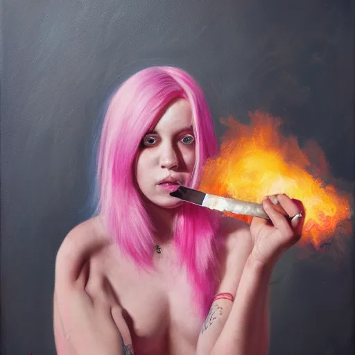 Prompt: person with pink hair holding a knife and smoking weed, cinematic, 4 k, oil painting