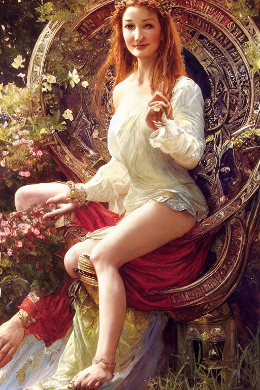 Image similar to young Jane Seymour sitting on a throne, fantasy, by Stanley Artgerm Lau, greg rutkowski, thomas kindkade, alphonse mucha, loish, norman Rockwell