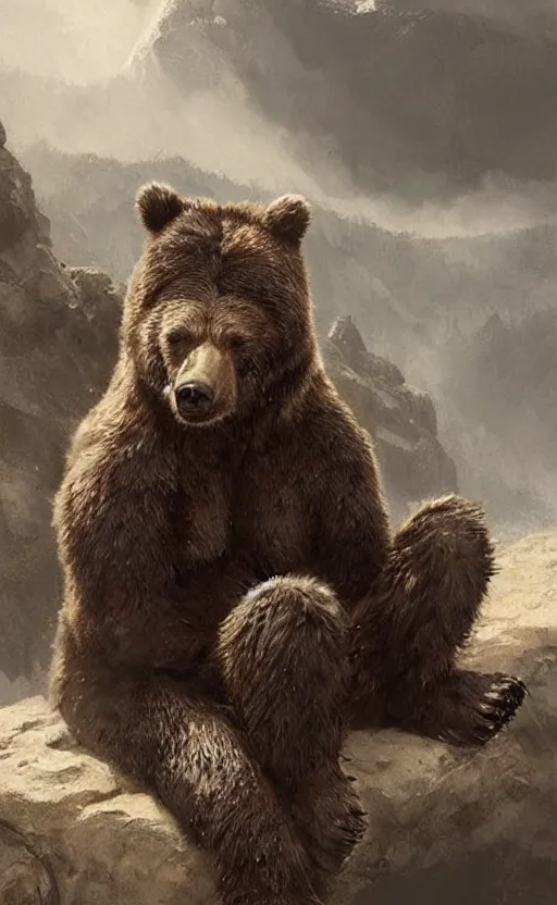 Prompt: Portrait of a rugged bear sitting down, male, muscular, detailed face, bare thighs!!!, simple clothing!!!!!, fantasy, medieval, highly detailed, cinematic lighting, digital art painting by greg rutkowski