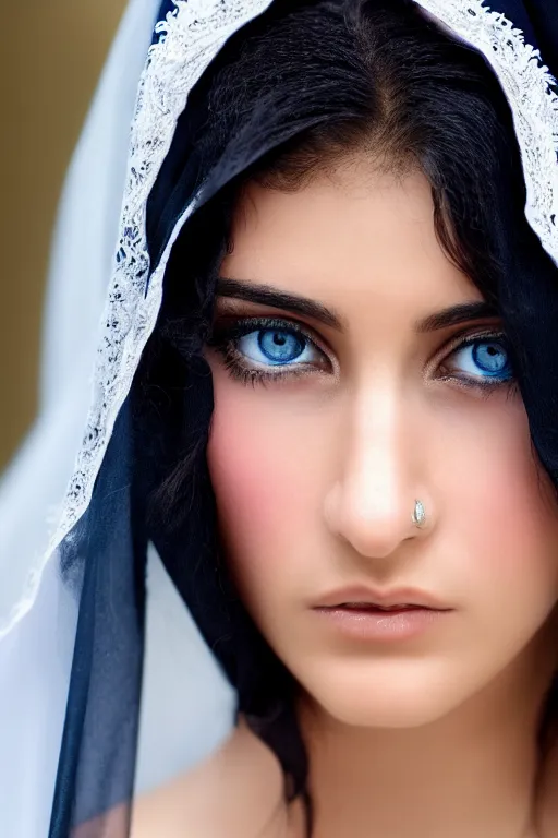 Image similar to young arab woman, blue eyes, long wavy black hair, white veil, closeup, focus face, colored, middle eastern