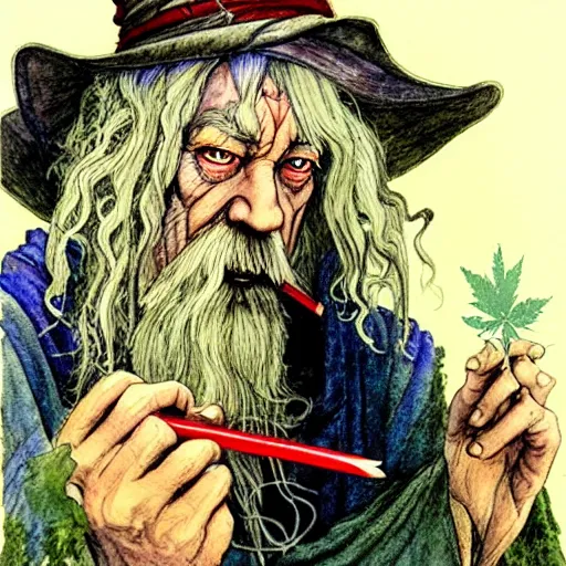 Image similar to a realistic and atmospheric watercolour fantasy character concept art portrait of gandalf with red eyes smoking a huge blunt looking at the camera with a pot leaf nearby by rebecca guay, michael kaluta, charles vess and jean moebius giraud