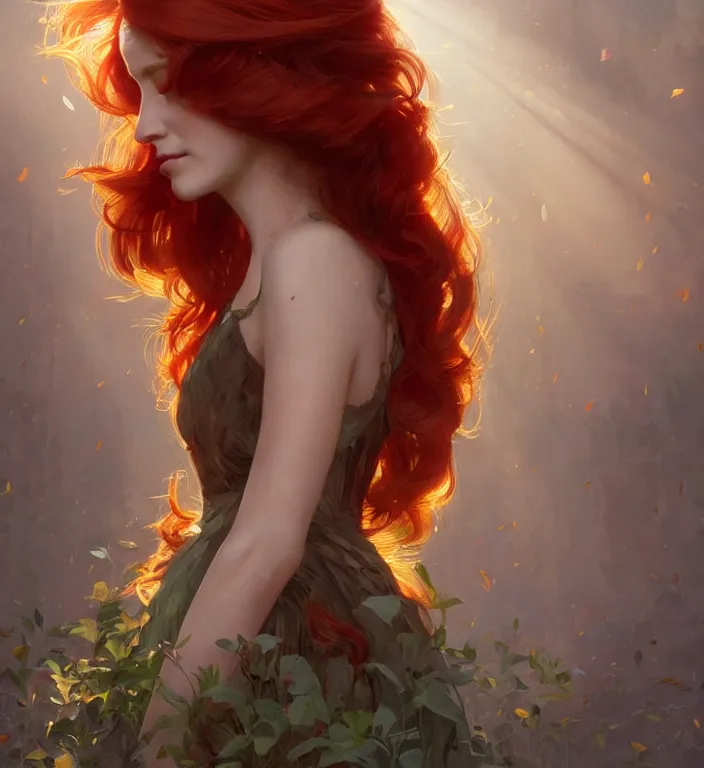 Prompt: portrait of a red haired woman wearing a satin dress, autumn leaves falling, dramatic volumetric lighting, god rays, global illumination, soft, sharp focus, sci-fi, ivy, moss, trending on artstation, intricate concept art by Greg Rutkowski and artgerm and and Alphonse Mucha