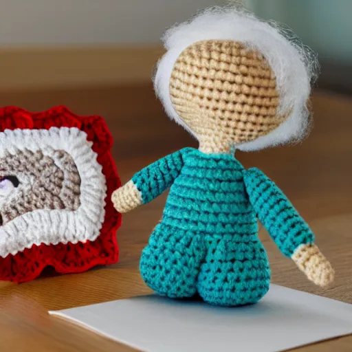 Image similar to product image of a cute crochet grandma made of crochet who's making a crochet. high resolution