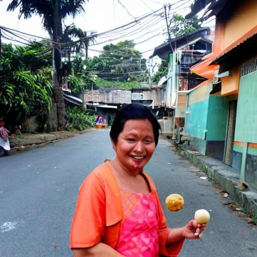 Image similar to Murasaki Shikibu standing on a Filipino sidewalk eating fishballs