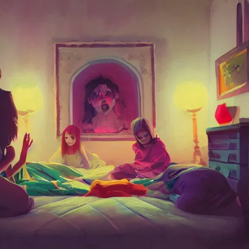 Prompt: sleepover, colorful, contrast, 3 d scene, greg rutkowski, zabrocki, karlkka, jayison devadas, trending on artstation, 8 k, ultra wide angle, zenith view, pincushion lens effect