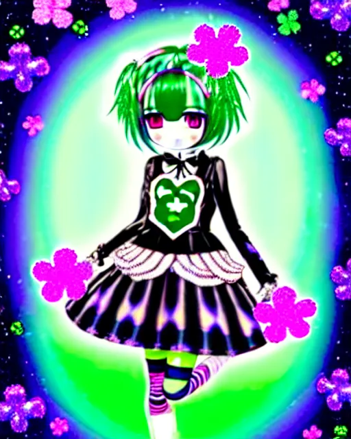 Image similar to a hologram of decora styled green haired yotsuba koiwai wearing stylish gothic lolita clothes, background full of lucky clovers and shinning stars, holography, irridescent, baroque visual kei decora art