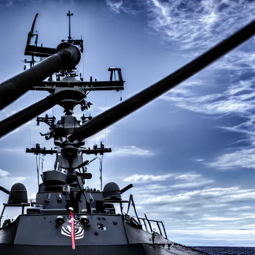 Prompt: Highly detailed photograph of a warship firing its naval automatic gun, HDR, 8k