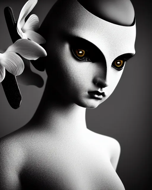 Image similar to surreal mythical dreamy dark artistic black and white fine art 3 / 4 fashion portrait photo of a young beautiful delicate female robot - owl with orchid - doll face, rim light, cinematic, studio dramatic light, poetic, masterpiece, octane render, 8 k, photo - realistic by gustave dore hg giger and man ray