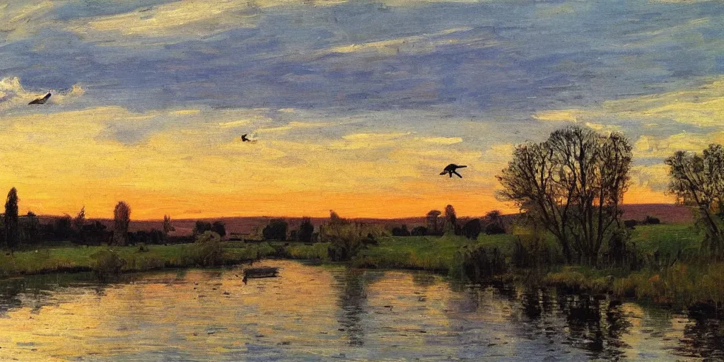 Prompt: a river in spring, birds are in the sky, puffy clouds, settle sunset, in style of Isaac Levitan,