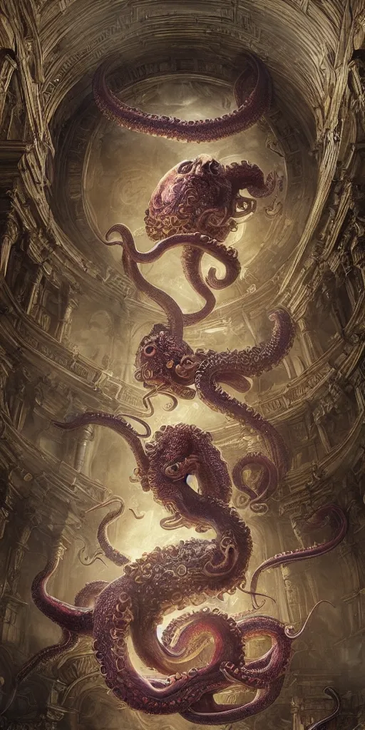 Image similar to epic fight of colorful Ouroboros and enormous octopus floating around inside an ancient mage castle hall colossal scale, gothic and baroque, brutalist architecture, ultradetailed, intricate details by Ellen Jewett and Ayami Kojima