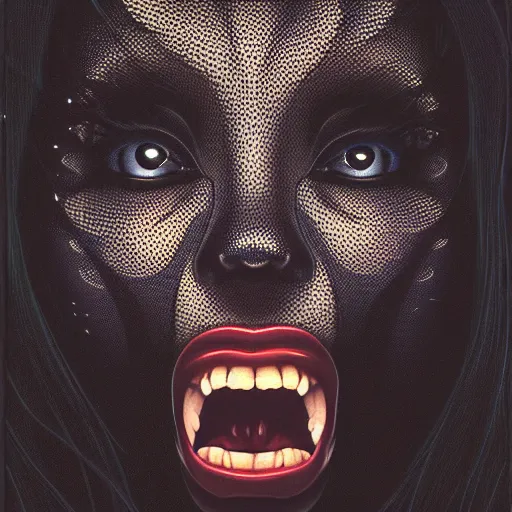 Image similar to portrait closeup of screaming black reflective glossy dark woman, sensual pose, symmetrical, glitches, snakes coming out from her mouth, by yoichi hatakenaka, masamune shirow, josan gonzales and dan mumford, ayami kojima, takato yamamoto, barclay shaw, karol bak, yukito kishiro, moebius