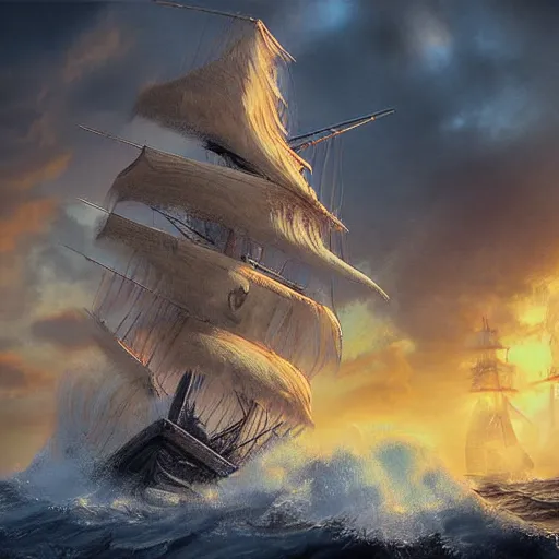 Prompt: pirate sloop, heavy winds, huge waves, kraken tentacles, sunset, dramatic lighting, digital art, by ricardo robles