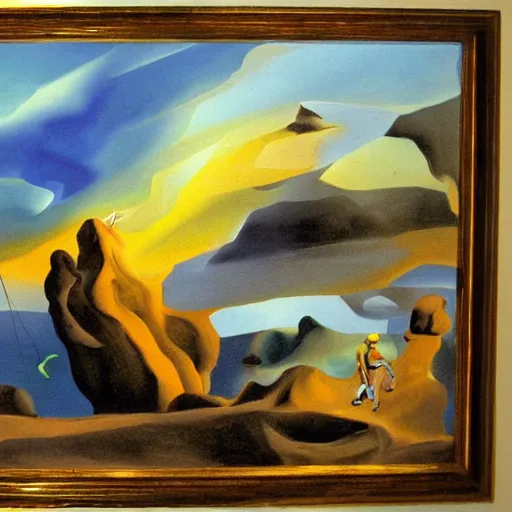 Image similar to An abstract oil painting of rock climbing by Salvador Dali, sunrise, scenic