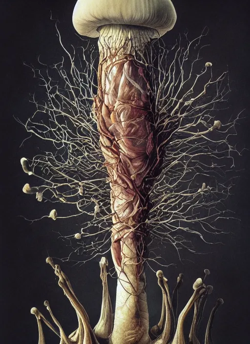 Image similar to portrait of a magic mushroom with translucent skin, visible muscles and veins and arteries and bones and spines and nerves, beautiful detailed intricate insanely detailed octane render, 8k artistic photography, photorealistic, chiaroscuro, by David Cronenberg, Raphael, Caravaggio