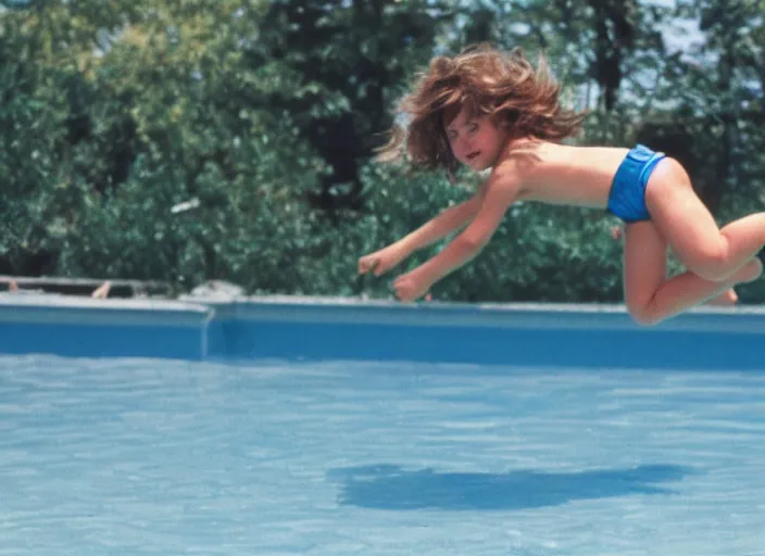 Image similar to color photo of a girl jumping down in a pool in the 8 0's